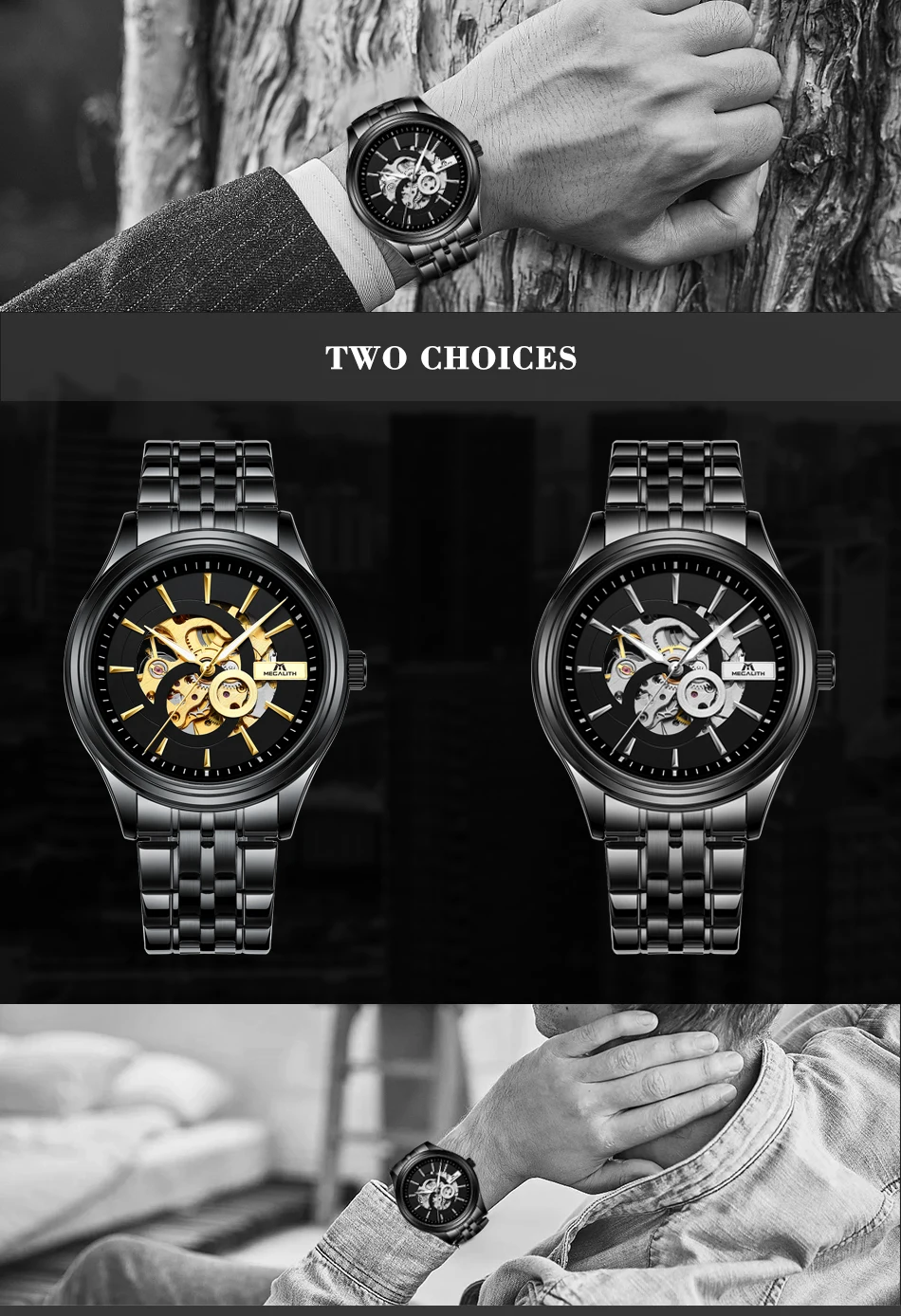 MEGALITH модные роскошные часы Автоматические деловые мужские Бизнес Сталь ремешок Скелет наручные часы подарок для мужа