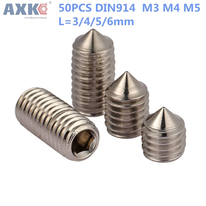 AXK 50 шт M3 M4 M5 DIN914 нержавеющая сталь Шестигранная розетка конусная точка набор