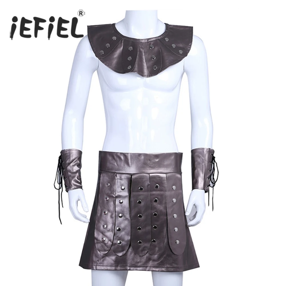 

iEFiEL 4pcs Men Faux Leather Gladiator Costume Outfit Kilt with Collar Cuffs Cosplay Clothing Nightclub Roal Play Party Set