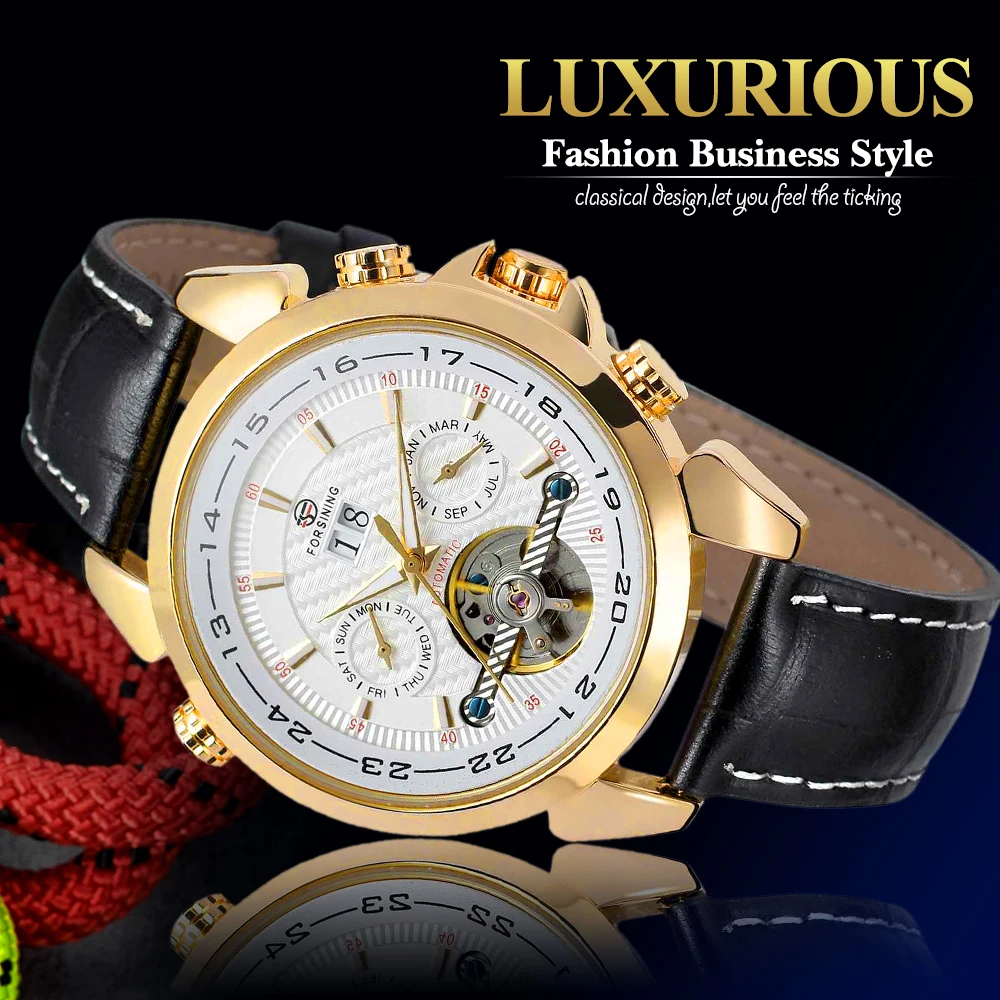 

Forsining Weaving Tourbillion Design Watches Genuine Leather Strap Mens Mechanical Wristwatches with Calendar Display