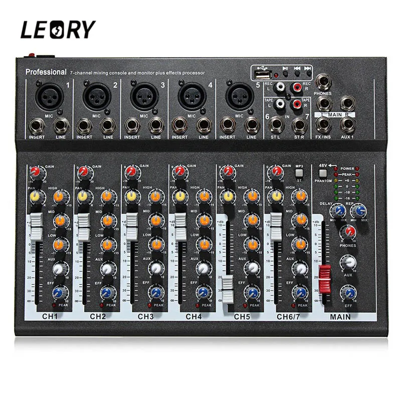 

LEORY Professional Audio Karaoke DJ Mixing Console 7 Channels With USB 48V Phantom Power Sound Mixer Built-in Power Supply