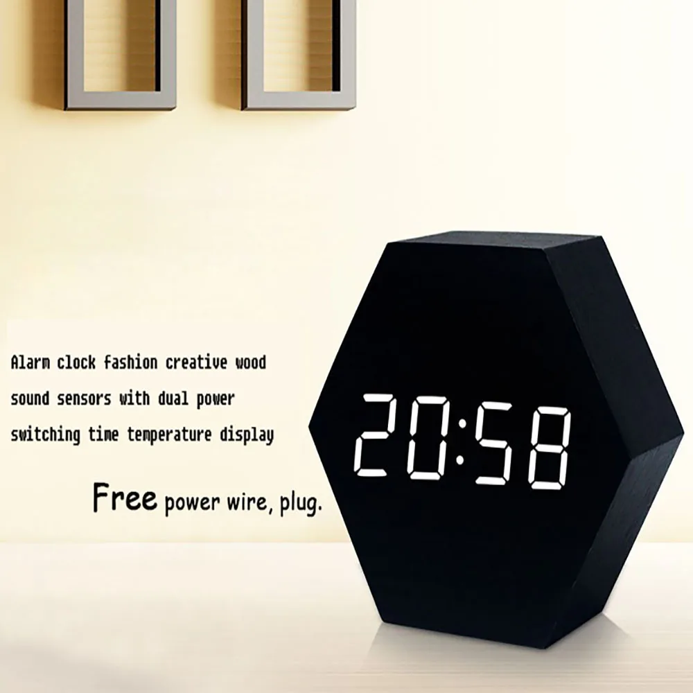 LED Digital Clock Temperature USB Or Battery Power Supply Wood Alarm