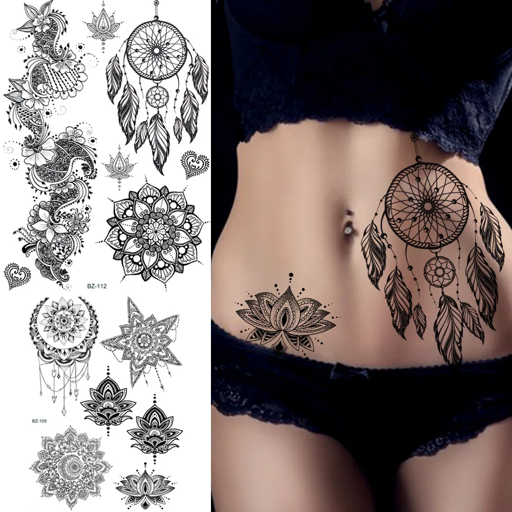 

REJASKI Dream Catcher Mandala Flower Lotus Temporary Tattoos Sticker Black Sexy Makeup Tatoos Art Waist Chest Custom Tattoo