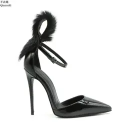 Qianruiti/вечерние туфли из лакированной кожи на высоком каблуке с шипами и перьями, женская обувь с ремешком на щиколотке, женские