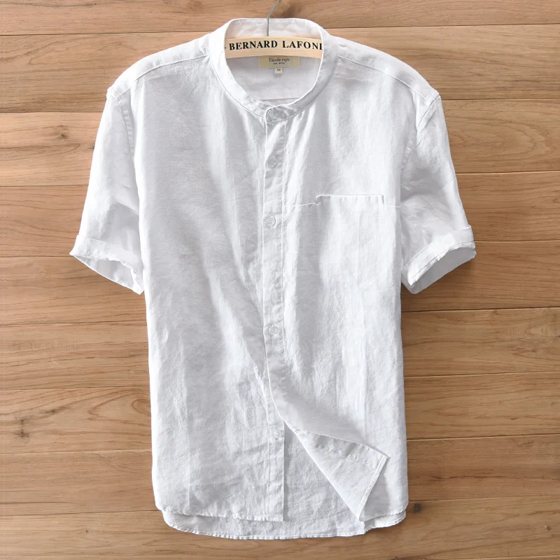 SHIFUREN New Summer Causal Men Shirts 100% Pure Linen Breathable Short Sleeve Mandarin Collar Shirts Size M-XXXL Male Clothing