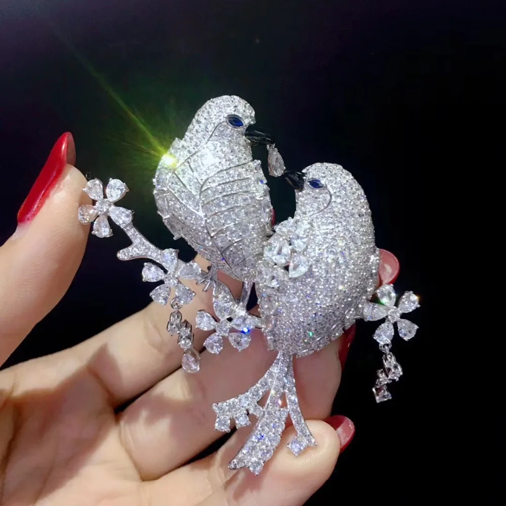 unisex brooch 925 sterling silver with cubic zircon double birds brooch