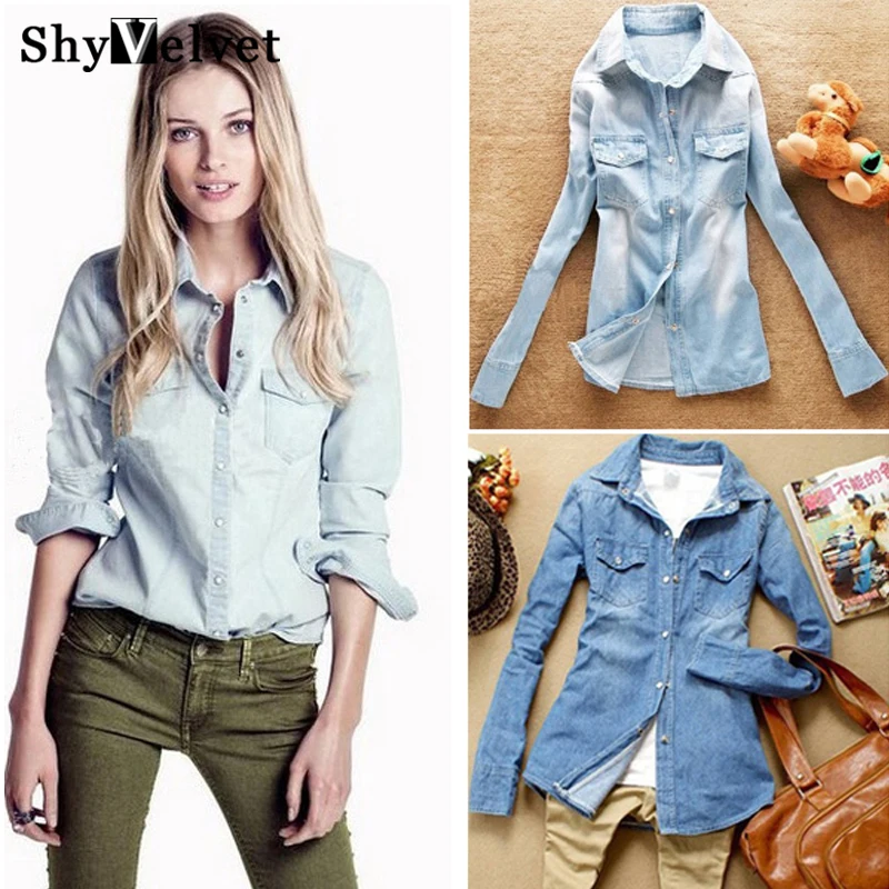 Hot sale European style women denim blouse slim jeans shirt lady's ...