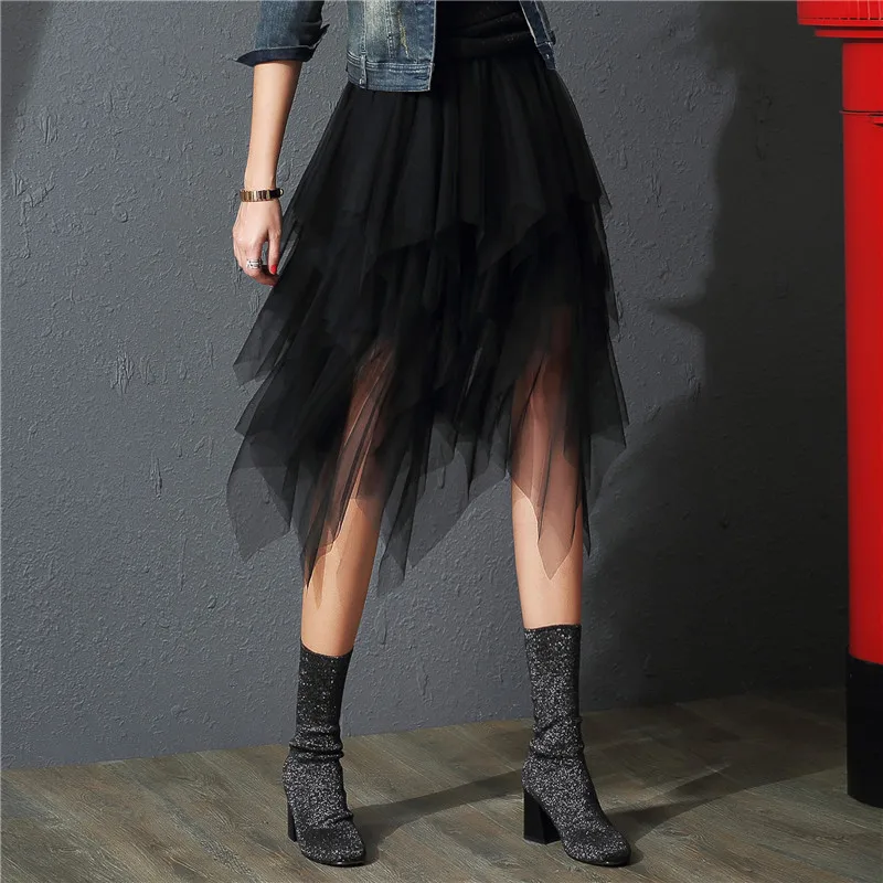 2019 Tulle Skirt Wanita Fesyen elastik Pinggang Tinggi Mesh Tutu Skirt Pleated Panjang Skirt Midi Skirt Saias Faldas Jupe Femme
