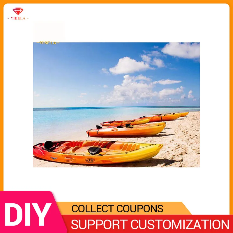 

YIKELA New 5D Diamond Painting Cross Stitch Scenery Beach Boat Full Drill Round Diamond Embroidery Sea Home Display
