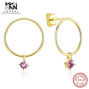 

New Gold Round Drop Earrings Pink Crystal From Swarovski Top Quality Jewelry 925 Sterling Silver Material For Women Wedding Gift