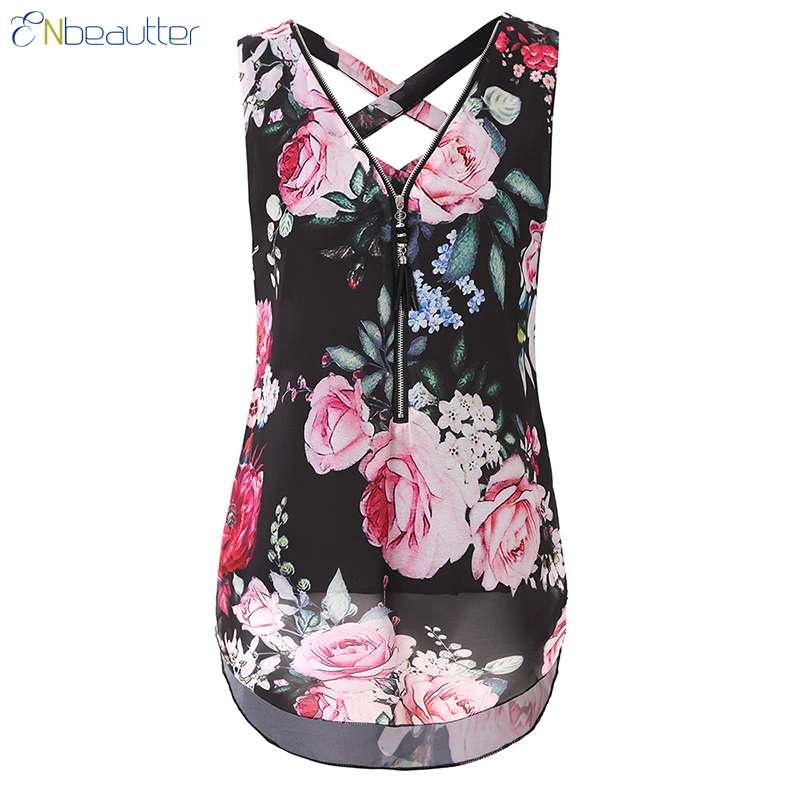 ENbeautter Womens Tops And Blouses Flower Print Zipper V-Neck Sleeveless Slim Chiffon Shirt Back Cross Fashion Casual Female Top |