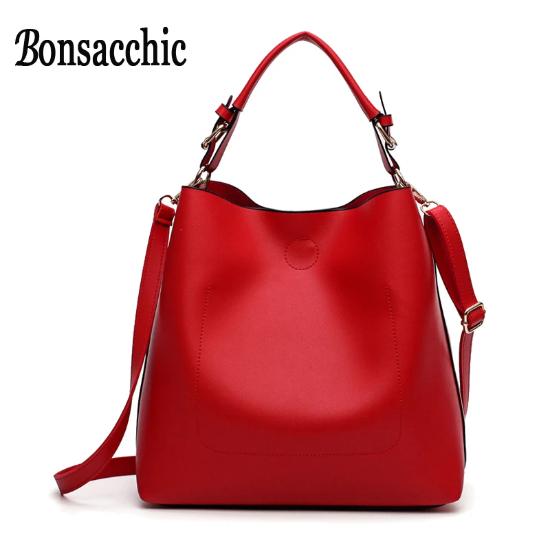 Bonsacchic الأحمر دلو حقيبة المرأة حقائب حقيبة يد فاخرة حقائب النساء مصمم الكتف سياج محمول Sac فام