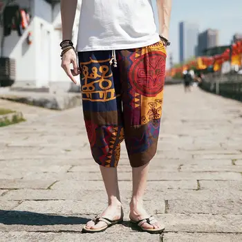 

16 Patterns M-5XL Plus Size Linen Trousers Drawstring Boho Design Beach Floral Casual Linen Crapi Harem Pants Men XXXXXL
