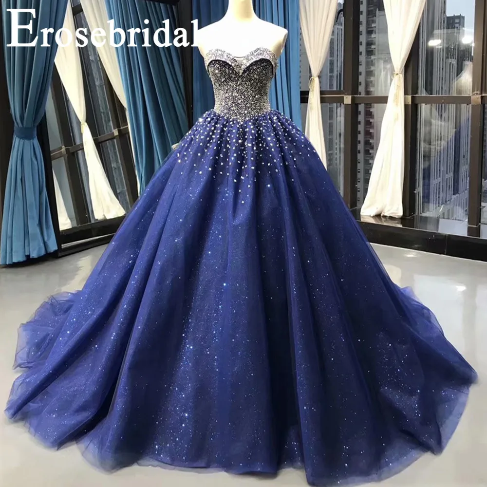 

Erosebridal New Arrival 2019 Sweetheart Blue Evening Dress Ball Gown Dress Sleeveless Party Vintage Formal Dress robe de soiree