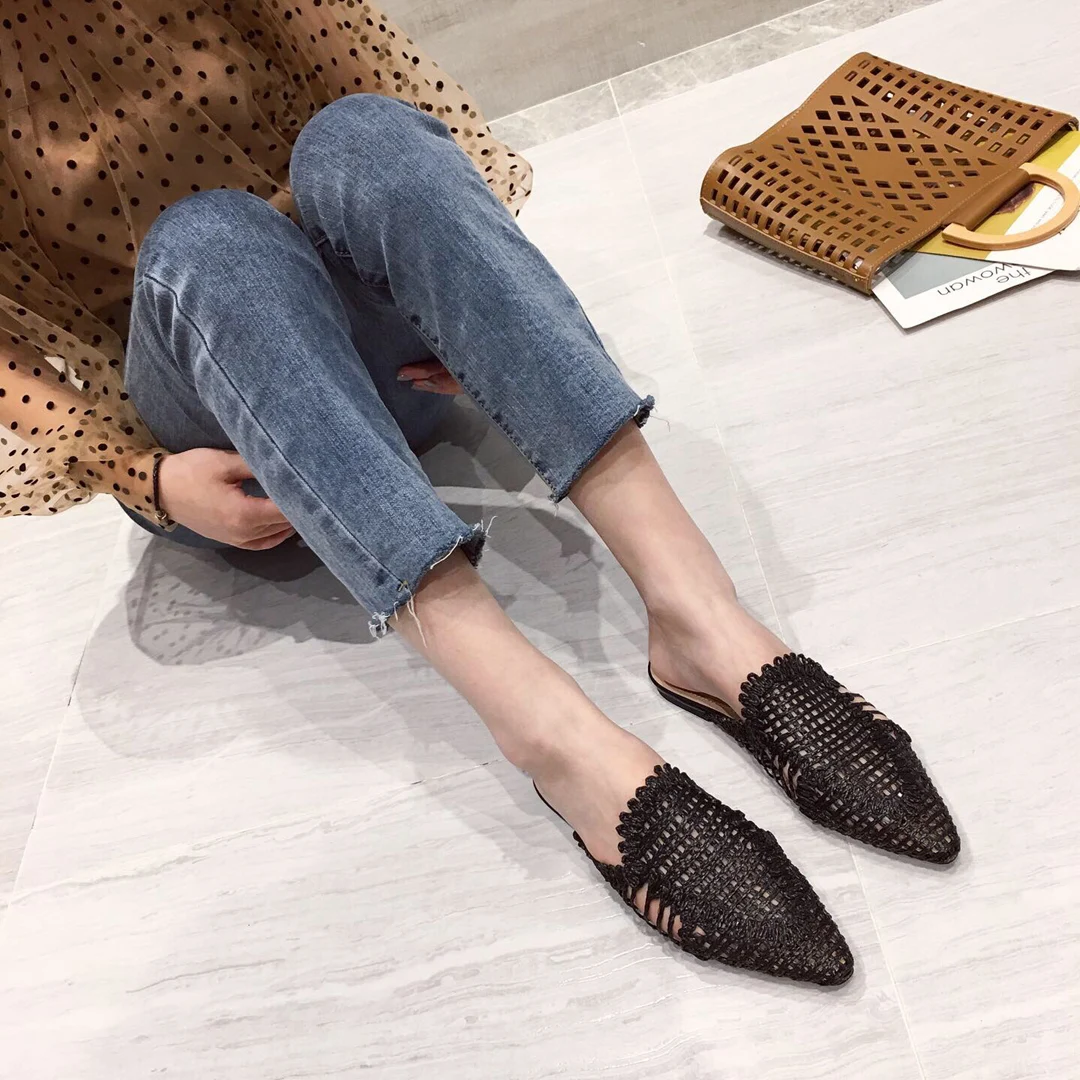 NIUFUNI/женские тапочки из ротанга; однотонная повседневная обувь на полой подошве; женские тапочки с острым носком; обувь на плоской подошве; пляжная обувь