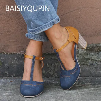 

Women Shoes Summer Think Heel Round Toe Buckle Strap Fashionl 8cm High Heel PU Leather Solid Casua Female Shoes Plus Size