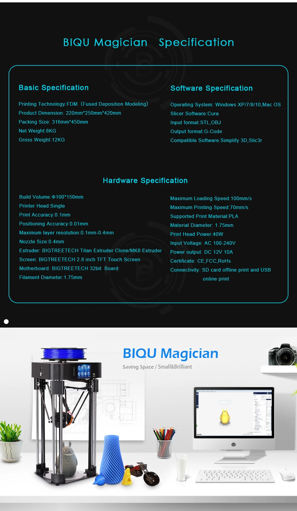 BIQU Magician 3d принтер Высокая точность мини Kossel Delta принтер MK8 экструдер полная сборка 2,8 дюймов сенсорный экран с титаном