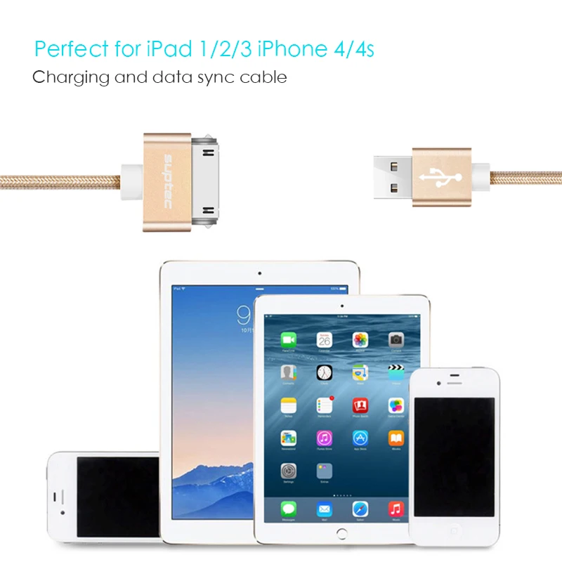 Suptec 30 Pin USB Cable for iPhone 4s 4 Metal Plug Nylon Braided Wire Charger Cable 2A Fast Charging Data Sync Cord for iPad 2 Suptec 30 Pin USB Cable for iPhone 4s 4 Metal Plug Nylon Braided Wire Charger Cable 2A Fast Charging Data Sync Cord for iPad 2
