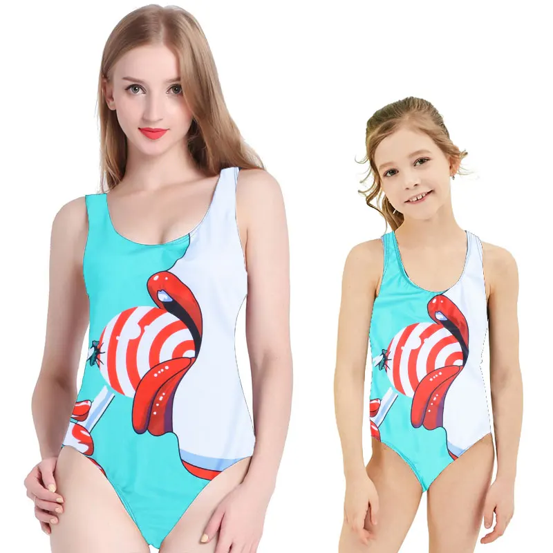 

Mother Daughter Swimwear Family Matching Swimsuit Women Girls Cute Lollipop Print One Piece Swimsuits Bathing Suits Monokini