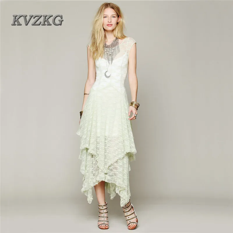 Kvzkg 2017 хиппи Стиль лето нерегулярные кружева Vestidos De Festa платье Longo Платье Mujer с