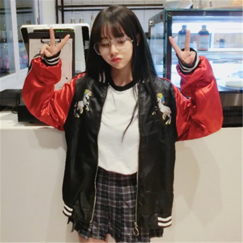 2017 New Cute Rainbow Horse Floral Embroidery Harajuku Spring Jacket Women Zipper Casual Loose Long Sleeve Baseball Coat 2017 New Cute Rainbow Horse Floral Embroidery Harajuku Spring Jacket Women Zipper Casual Loose Long Sleeve Baseball Coat