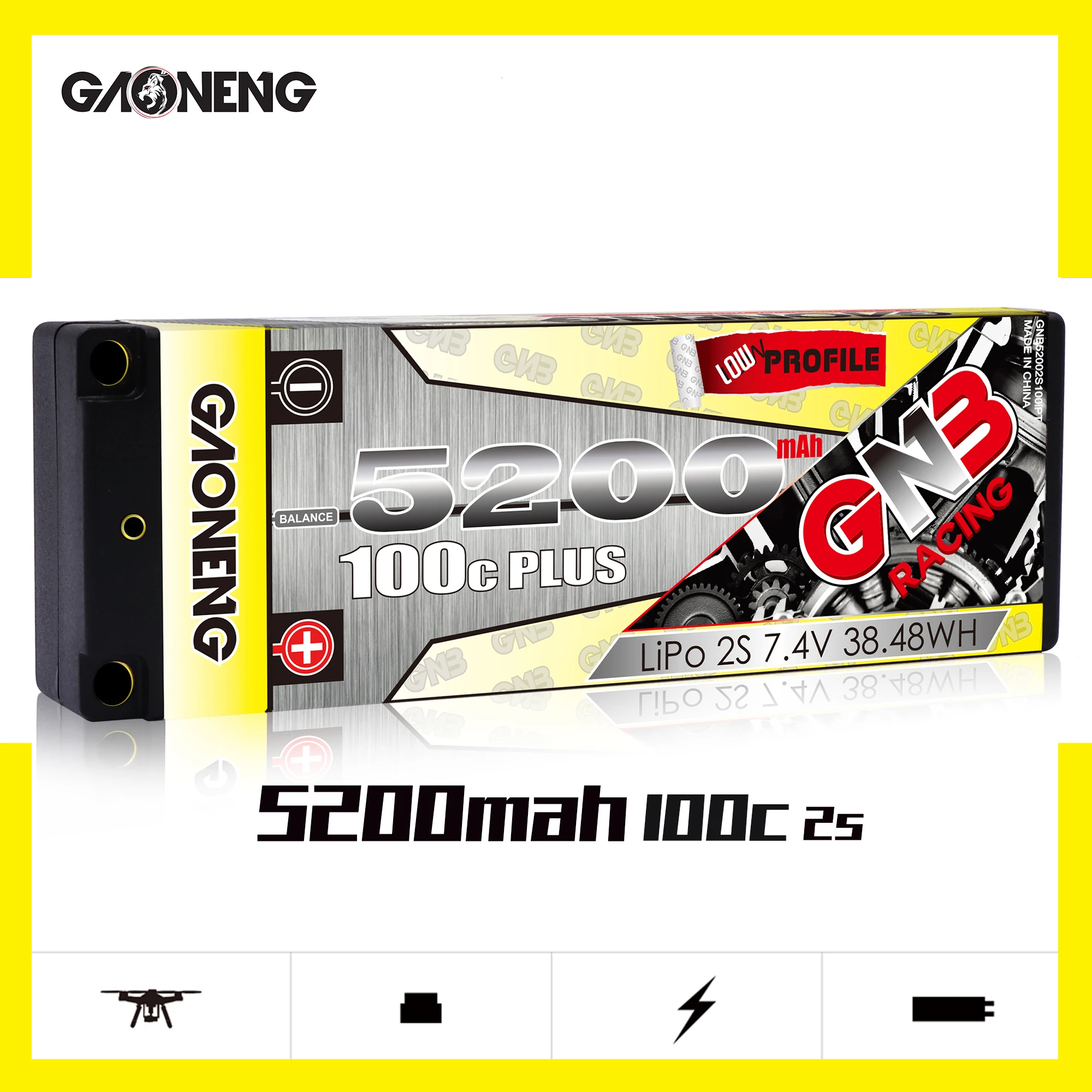 

Gaoneng GNB 5200mAh 2S 7.4V 100C PLUS low profile Lipo Battery 5.0mm bullet Plug T/XT60 connector for 1:10 1/10 RC Car RC Boat