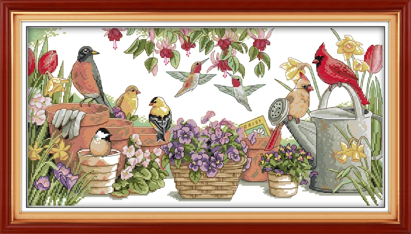 

Birds gather in garden cross stitch kit animal bird 14ct 11ct count printed canvas stitching embroidery DIY handmade needlework