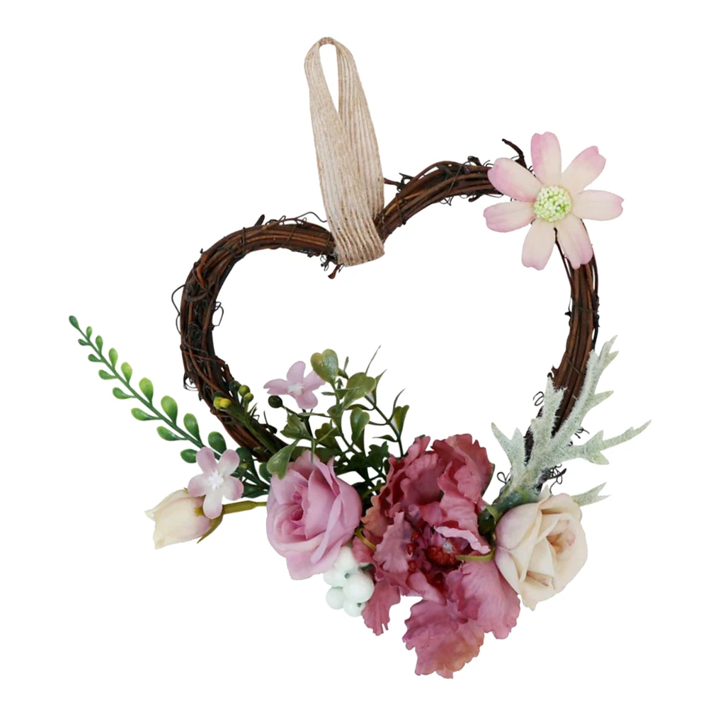 Heart Rattan Artificial Rose Flower Blossom Wreath Garland Chair Door Wall Decor