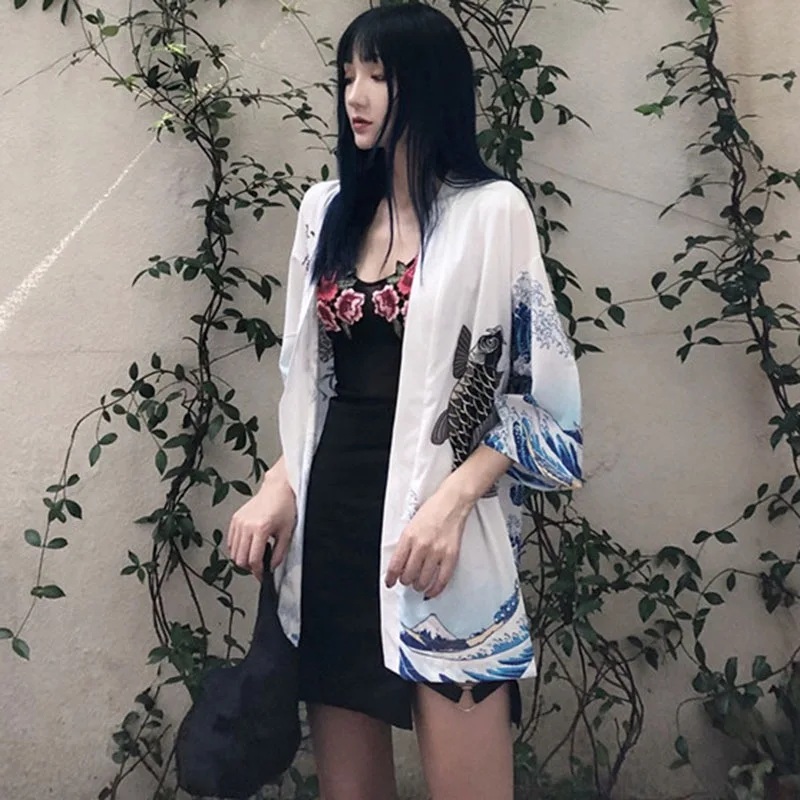Винтажный Летний шифоновый солнцезащитный кардиган Харадзюку, кимоно, верхняя одежда, блузка, японский стиль, женская одежда - Цвет: F