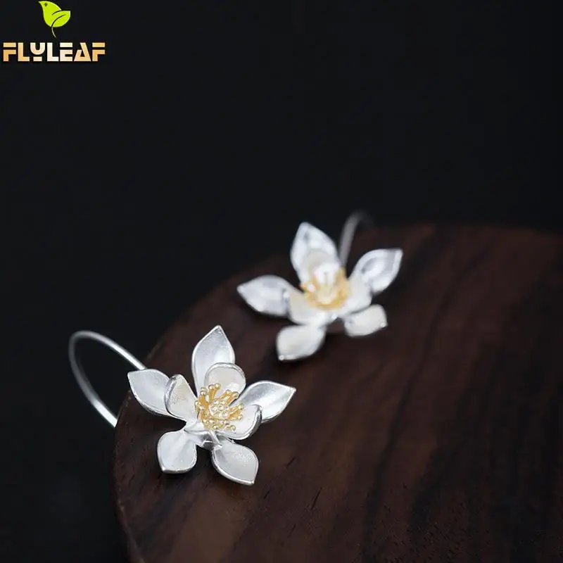 Форзац 925 пробы серебро золото цвет большой цветок лотоса Висячие серьги для женщин Винтаж китайский стиль женские ювелирные изделия