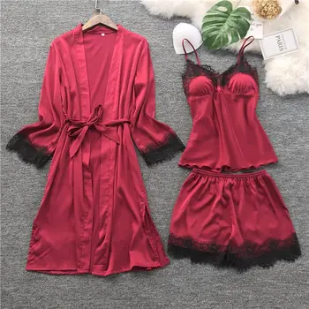 

long sleeve ladies summer V-neck pajamas shorts sets silk pyjamas sets luxury noble sleepwear for young girls lace bath robe