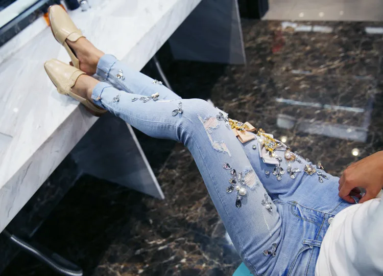 Уитни Ван демисезонный модная уличная ручной бриллиантами лук женские узкие джинсы стильный Женские джинсы деним брюки для девочек