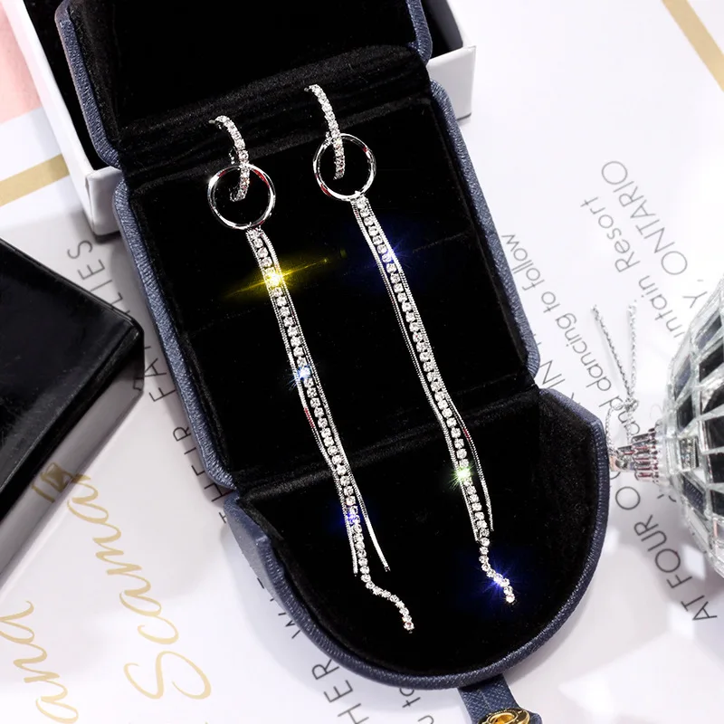 DREJEW Korean Long Tassel Statement Circle Earrings 925 Gold Silver Blue Rose Alloy High Street Fashion Drop Earrings for Women - Metal Color: Silver