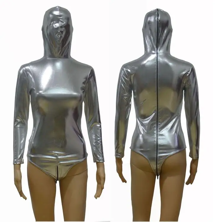 Новая распродажа пикантные Для женщин в масках боди Искусственная кожа игрушечные экзотические молния Назад рабства Фетиш дамы Zentai костюм - Цвет: Silver