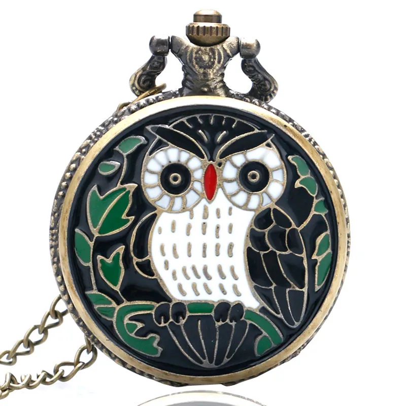 high quality vintage classic new bronze colorful enamel owl pocket watch necklace with chain free shipping (1)