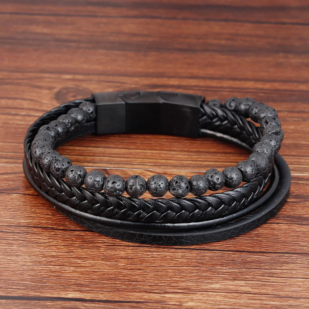 

Punk Men Braid Bracelet Multilayer Leather Natural Stone Beaded Bangle Stainless Steel Magnetic Clasp Male Jewelry