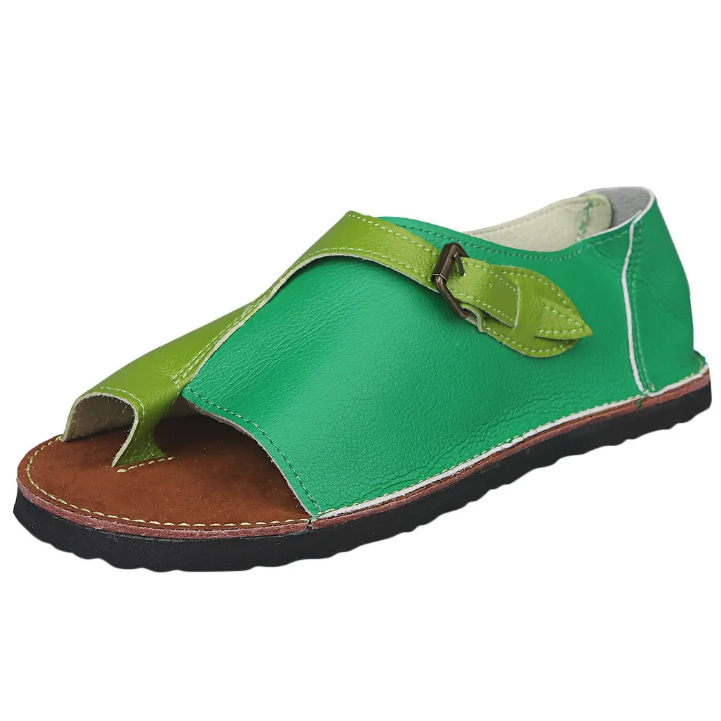 

Women Roman Style Soft Comfortable leather Leisure Flock Flat Sandal Buckle Strap Flat Sandals Green zandalias de mujer terlik