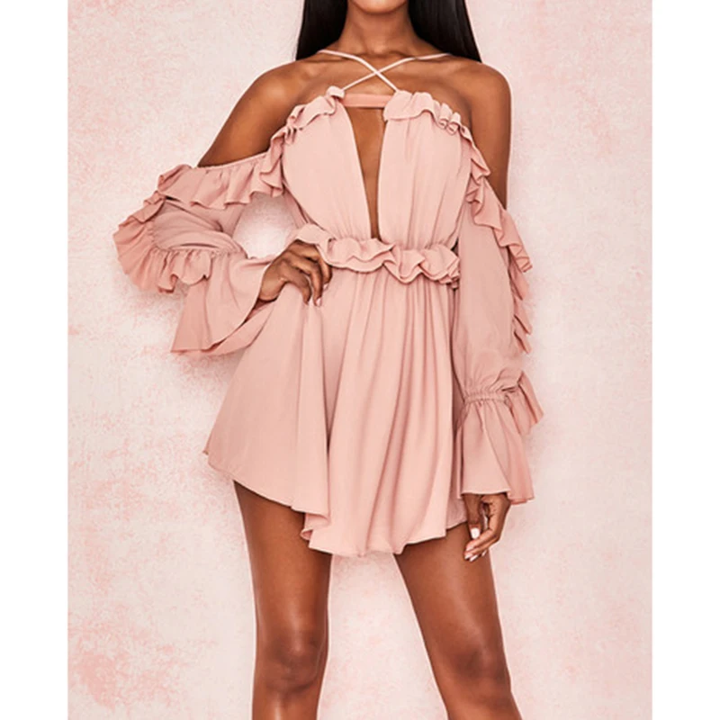 

Sexy Halter Cold Shoulder Ruffles Casual Dress Women Long Sleeve Mini Summer Dress Pink Yellow