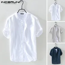 INCERUN, 2020, Camisa transpirable para hombre, algodón liso, Harajuku, Blusa de manga corta con cuello levantado, camisas de marca Vintage Casual para hombre, Camisa