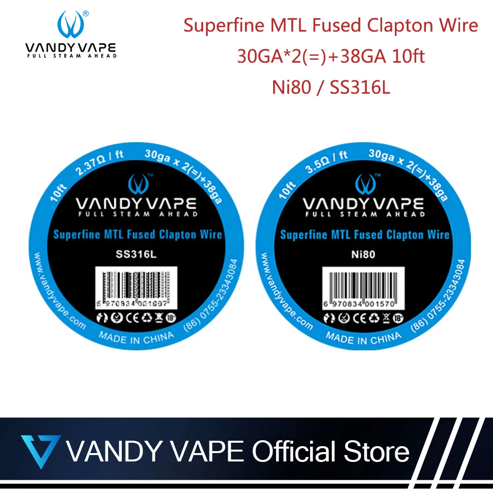 

Original Vandy vape Superfine MTL Fused Clapton SS316L/NI80 Wire 30ga*2+38ga 10ft 30gA*2(=)+38GA Electronic cigarette Atomizer