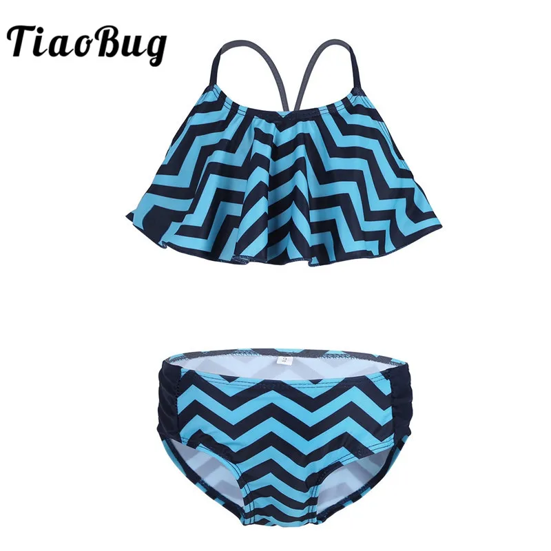 

TiaoBug Girls Spaghetti Straps Zigzag Pattern Tankini Swimsuit Swimwear Children Kids Swimming Tops with Bottom Shorts Beachwear
