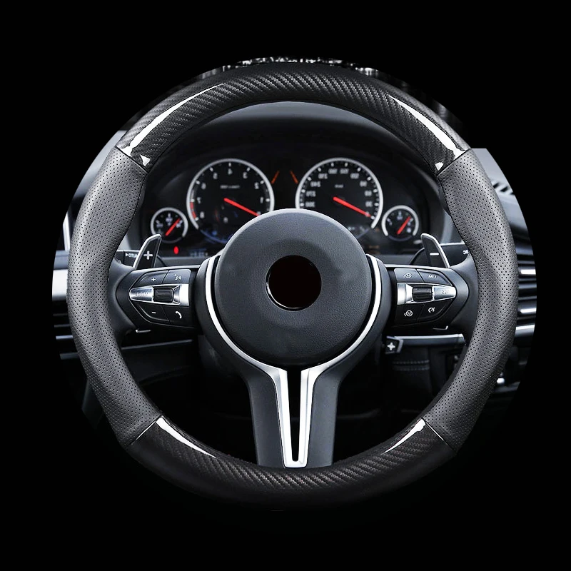 

Carbon Fiber Car Steering Wheel Cover For BMW Micro Fiber Leather Auto Steering Wheel Dia 38cm For Ford