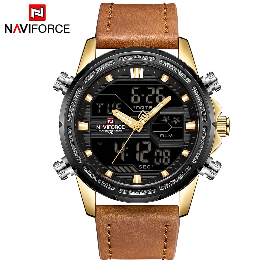 

Naviforce Leather Mens Watches To Brand Men Sports Watches Clock Men's Quartz LED Digital Military Wrist Watch
