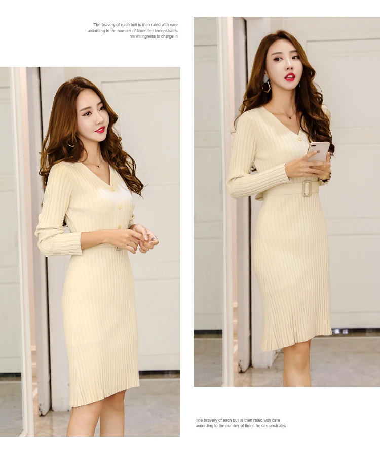 New Autumn Winter Bodycon Knitted Dress Women Long Sleeve Sexy V Neck Belt Knee Length Casual Office Lady Sweater Dresses L2460