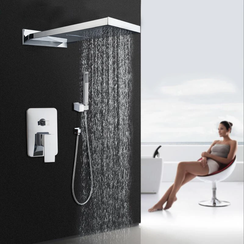 US $67.00 KEMAIDI Chrome amp Golden Plated Bathroom Shower Hand 3 Functions Shower Mixer BathroomSolid Brass Rainfall Waterfall Shower Set