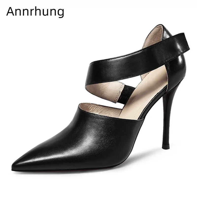 

Hollow Thin High Heels Pumps Side Band Shoes Women Sexy Pointed Toe Stiletto Heels Genuine Leather Suede Shallow Shoes Woman