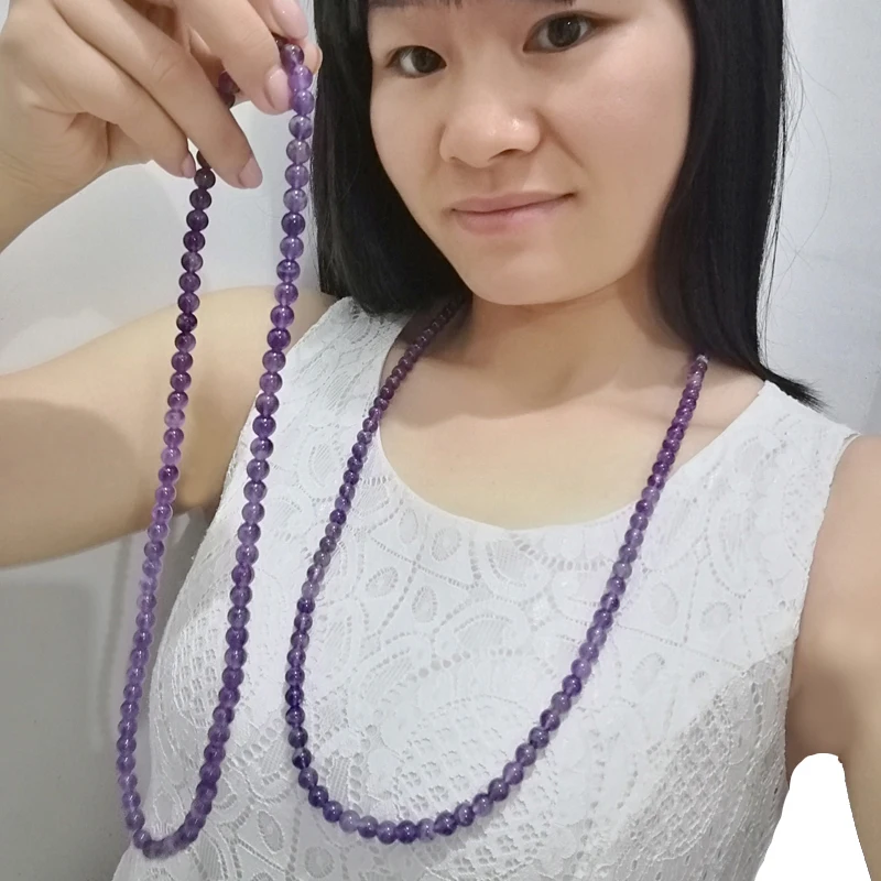 

KBJW High Grade Nature Stone Beaded Necklace Light Purple Handmade Stretchable Necklace Chokers Sweater Chain Unisex
