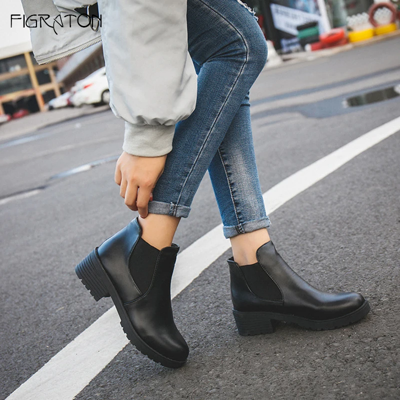 

Figraton Women Shoes Ankle Chelsea Boots Spring Autumn Leather PU Slip On Solid Color Round Toe Platform Square Med Heels