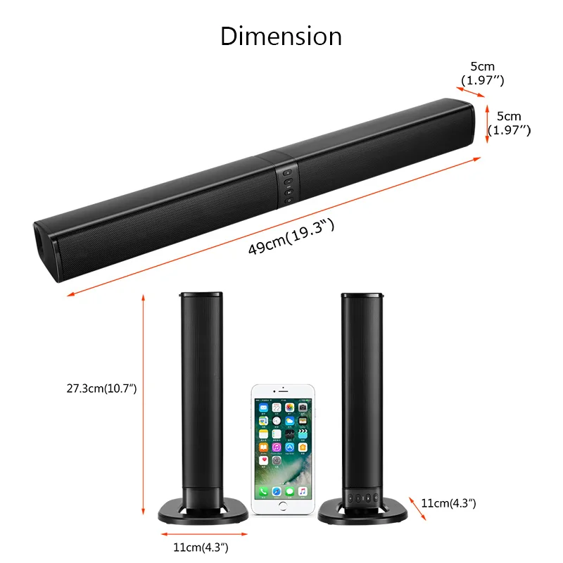 DOOLNNG 20W(Detachable)Wireless Bluetooth Column Soundbar Stereo TV Speakers Home Theater Built-in Battery Sound Bar TF USB FM
