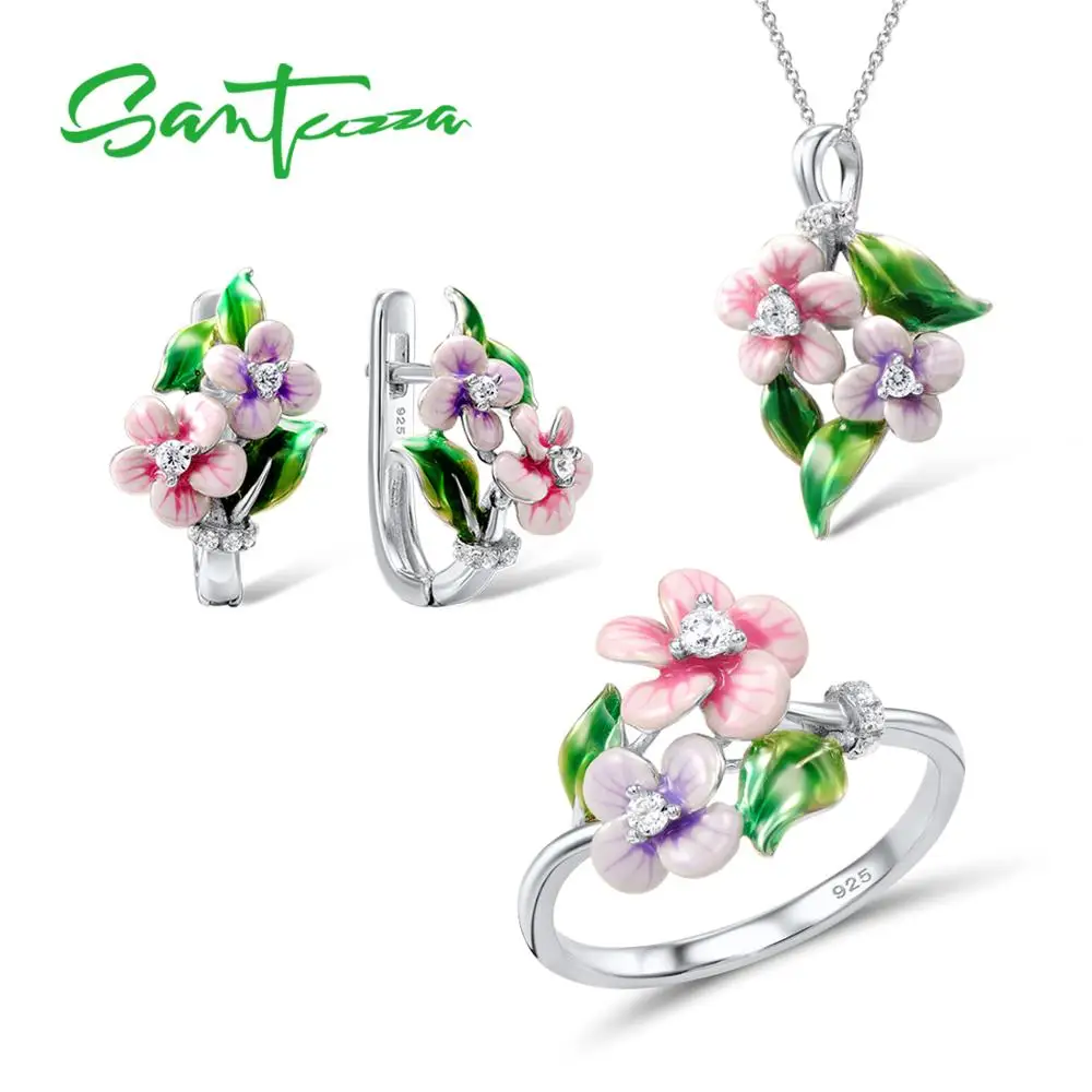 SANTUZZA Jewelry Set For Women 925 Sterling Silver Delicate Pink Flower Ring Earrings Pendant Fashion Jewelry HANDMADE Enamel